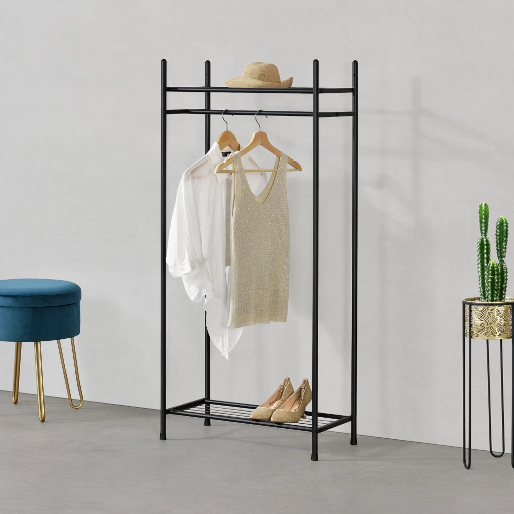 Organizzatore Guardaroba, Scaffalatura con Asta Appendiabiti e 2 Ripiani, Cabina Armadio Senza Ante (AxLaxP) 130 x 60 x 30 cm - Nero, Metallo