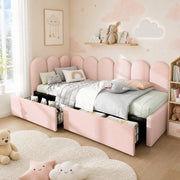 Divano letto singolo imbottito con 2 cassetti; velluto rosa; 90x200 cm