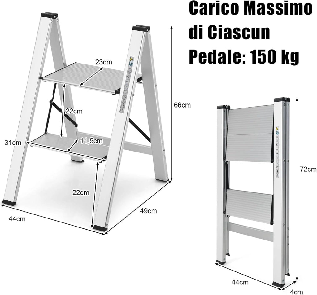 Scala Pieghevole in Alluminio a 2 Gradini, Scaletta Salvaspazio con Fibbia di Sicurezza, Ampi Pedali e Piedini Antiscivolo, Telaio in Alluminio Robusto e Leggero, Portata 150kg