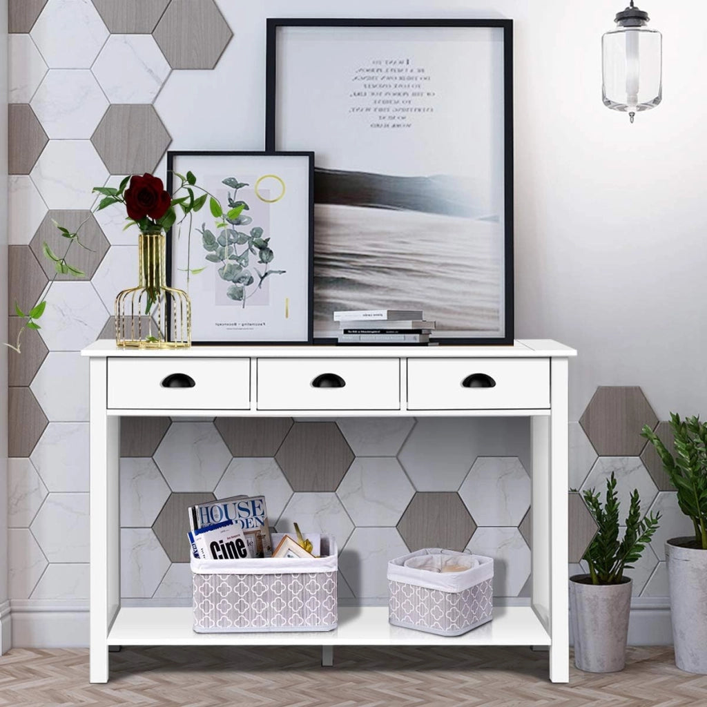 - Tavolo consolle con 3 cassetti, tavolino da salotto con mensola, rettangolare, per soggiorno, ufficio, camera da letto, corridoio, uso multifunzionale, per ingresso (bianco)