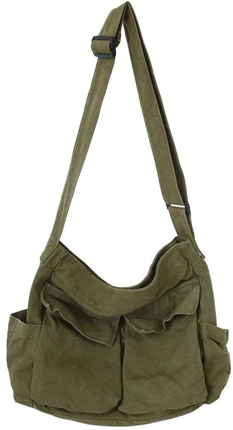 Borsa da messaggero grande capacità - Borsa da braccio Hobo - Borsa a spalla in canapa - Disegno con molteplici tasche - Sostenibile - Materiale resistente ai urti