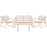 Set da giardino con divano a 4 posti, struttura in acciaio beige, cuscini in olefina e tavolino in vetro temperato: set da per esterni