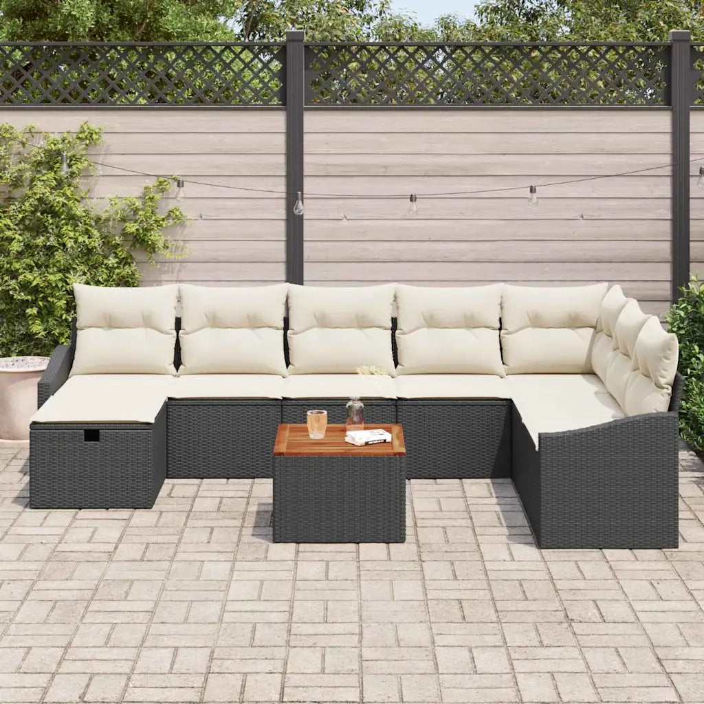 Set Divano da Giardino con cuscino 9 pcs Nero polyrattan