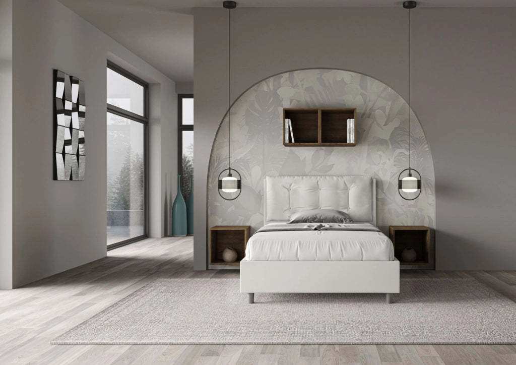 BS COM Letto una piazza e mezza con rete imbottito 120x210 similpelle bianco