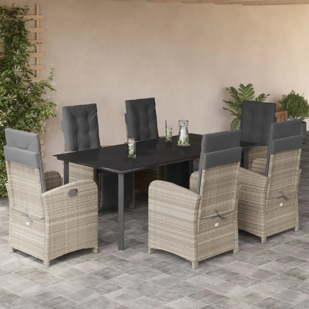 Set da Pranzo da Giardino 7 pz Cuscini Polyrattan Grigio Chiaro
