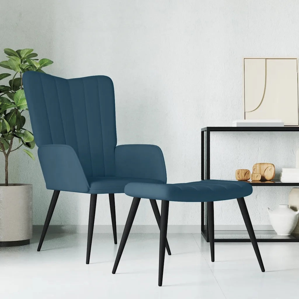 Poltrona Relax con Sgabello Blu in Velluto 327698