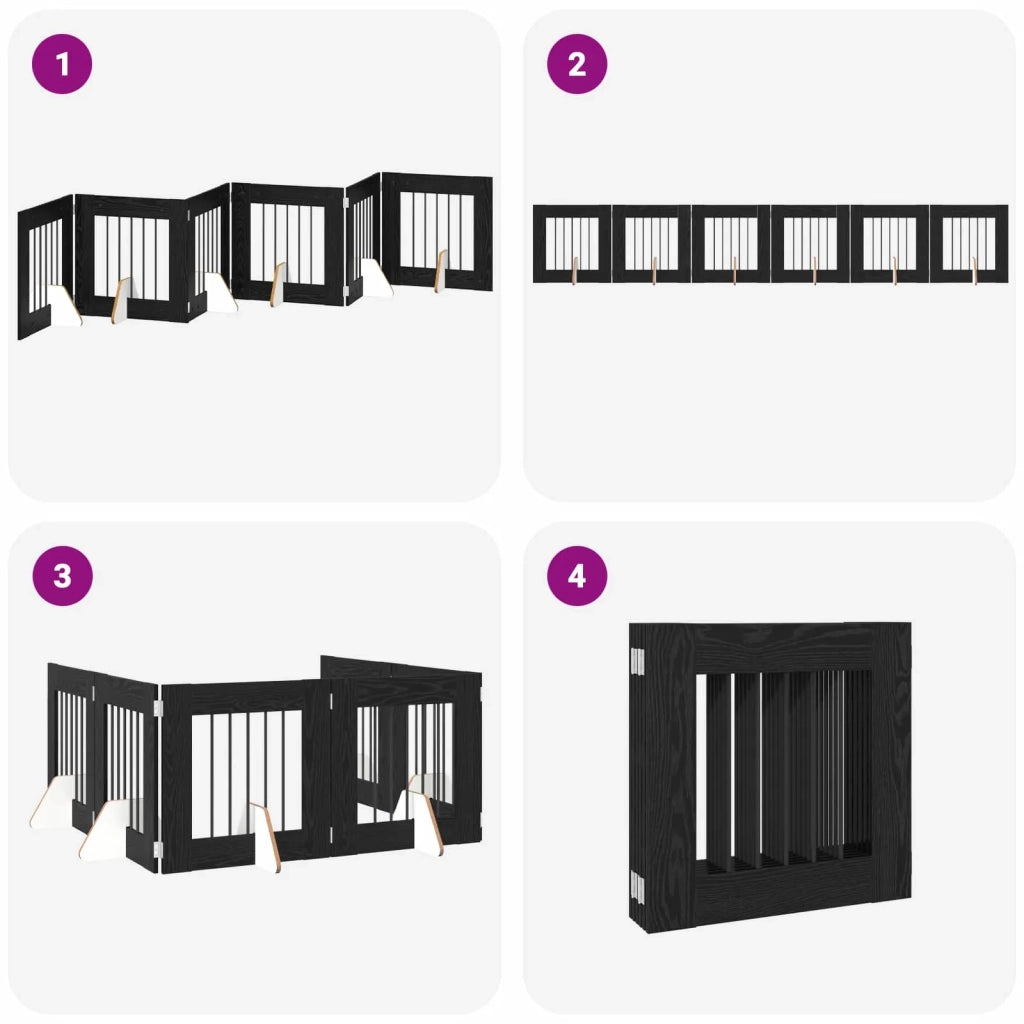 Cancello per cani pieghevole con supporti 6 pz Rovere Nero 892157