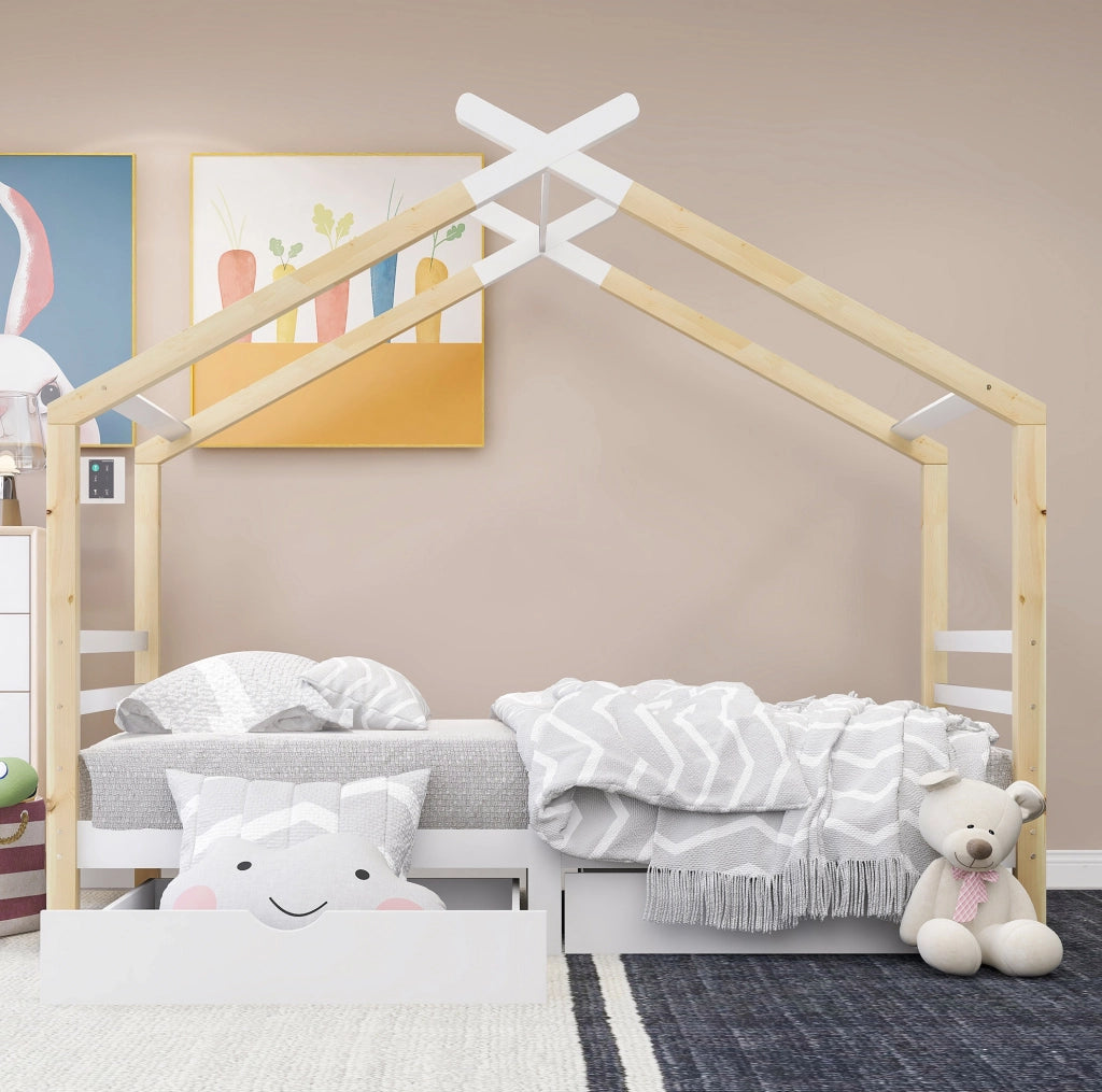 Letto a casetta per bambini con cassetti e rete a doghe