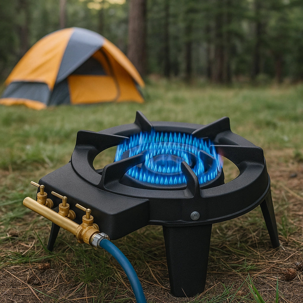 Fornellone Fornello a gas gpl in Ghisa 3 rubinetti e 4 piedi con fiamma regolabile e tripla corona ideale per Campeggio, Picnic e Catering 9,5 kW