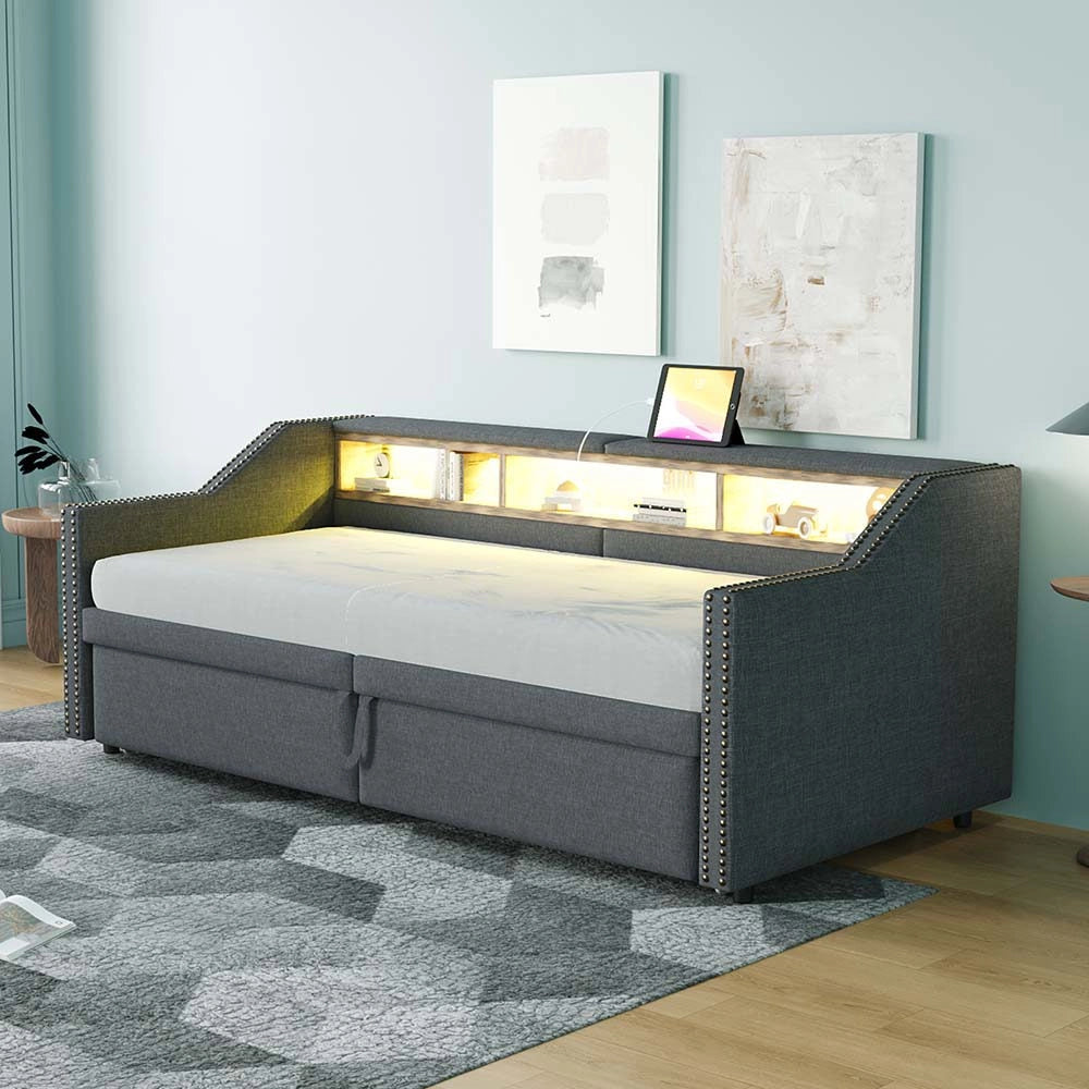 Divano letto - Xylo - 90x200 cm LED USB contenitore grigio scuro