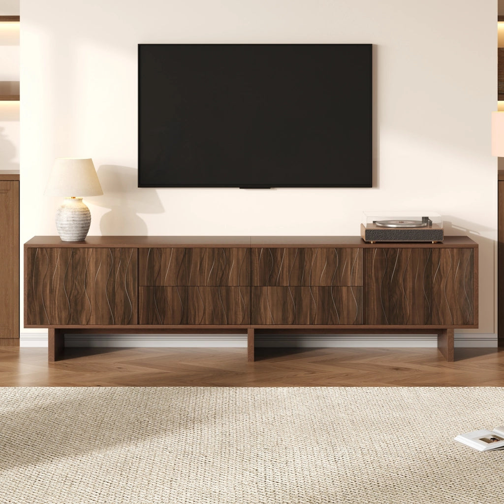 Mobile TV 180 x 40 x 56 cm con 4 cassetti e 2 ante, design ondulato, per TV fino a 75 pollici, colore noce