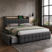 LETTO 160x200 cm Grigio in legno con 4 cassetti, LED, USB e prese