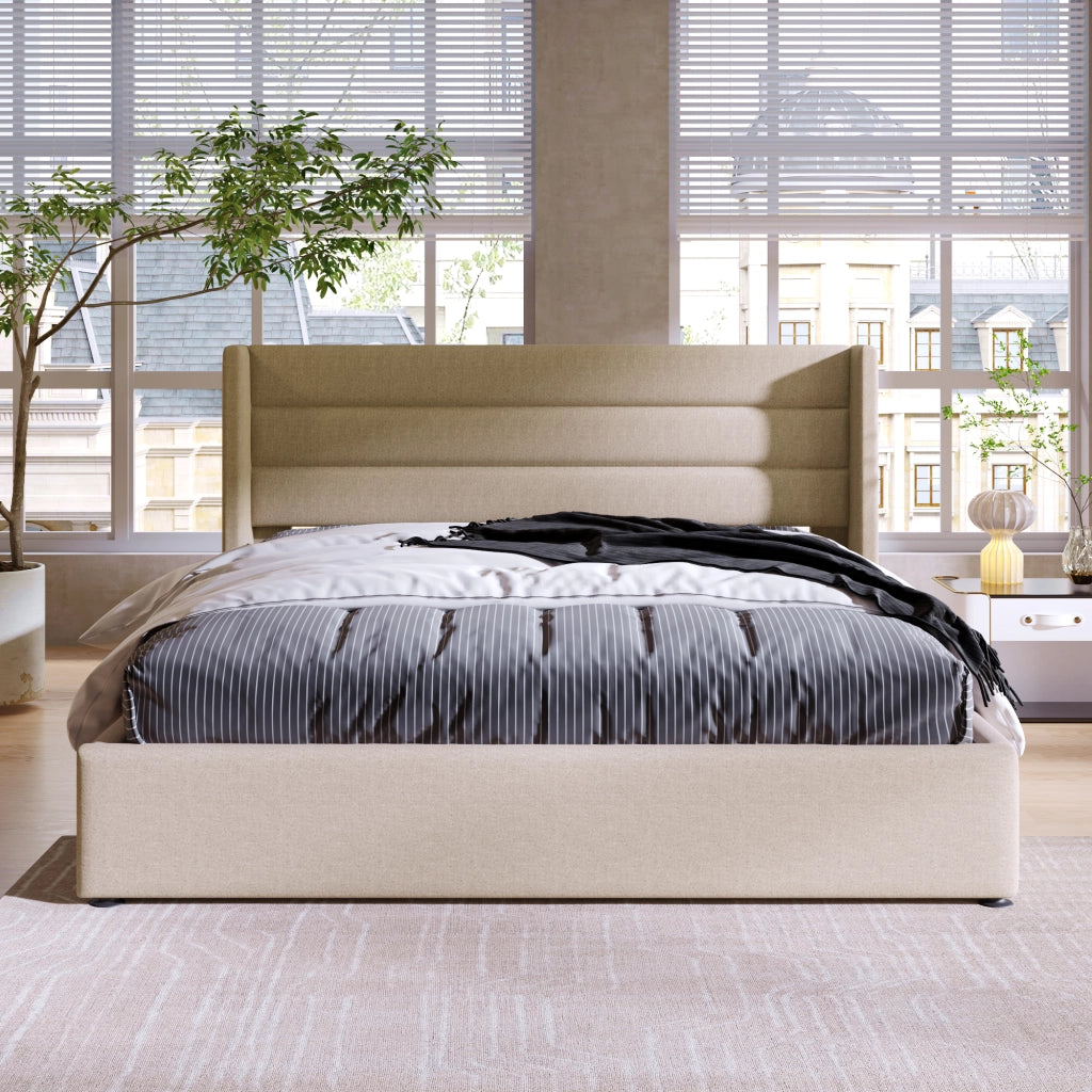 LETTO Contenitore 140x200 cm in Lino Beige con rete sollevabile