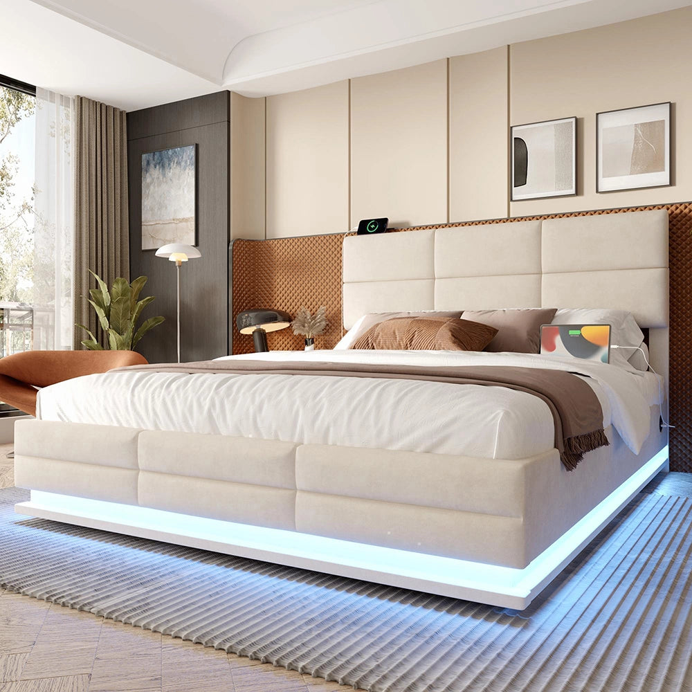 Letto 140x200cm?- Xylo - velluto USB LED idraulico beige