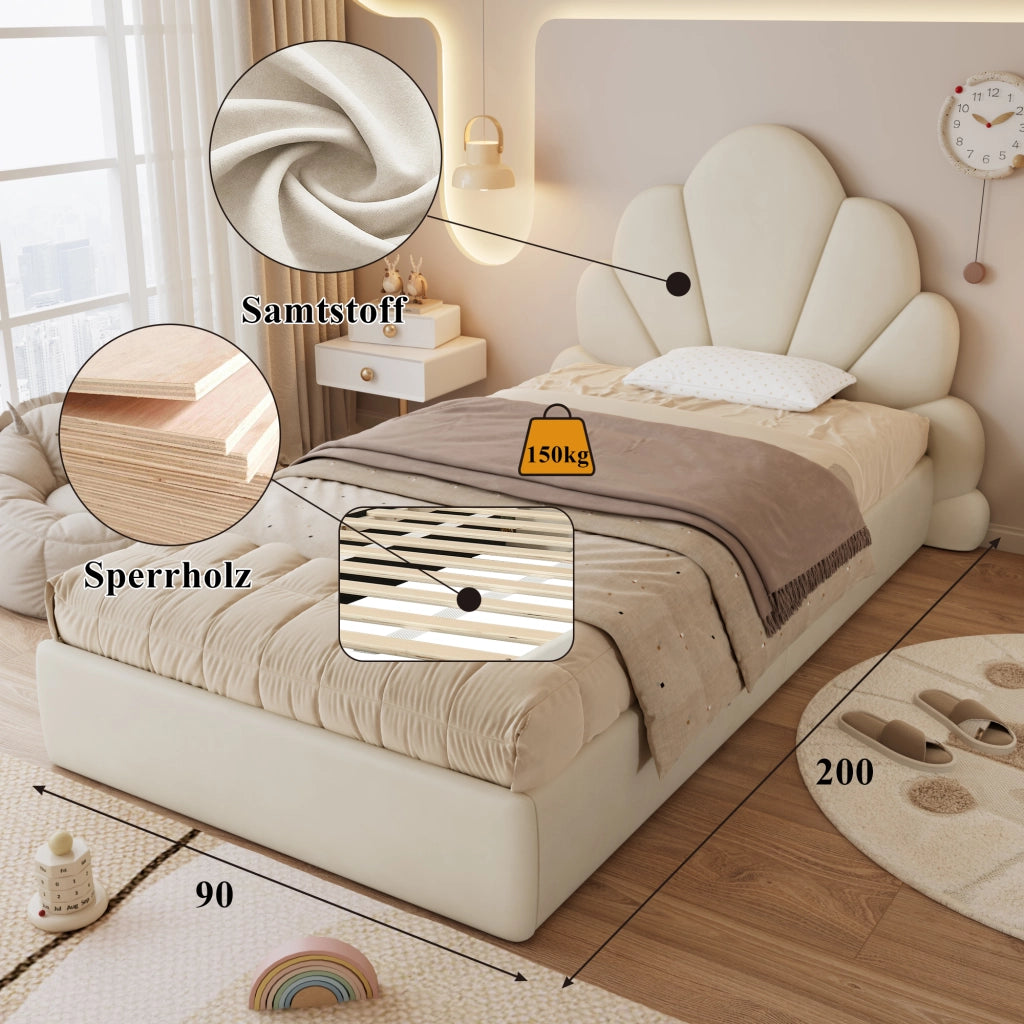 LETTO Singolo 90x200 cm Velluto Beige