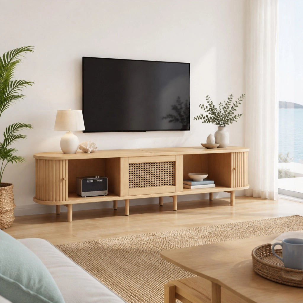 Mobile TV con 2 ante scorrevoli; cassetto e piano ovale in MDF naturale per soggiorno 180 × 40 × 40 cm