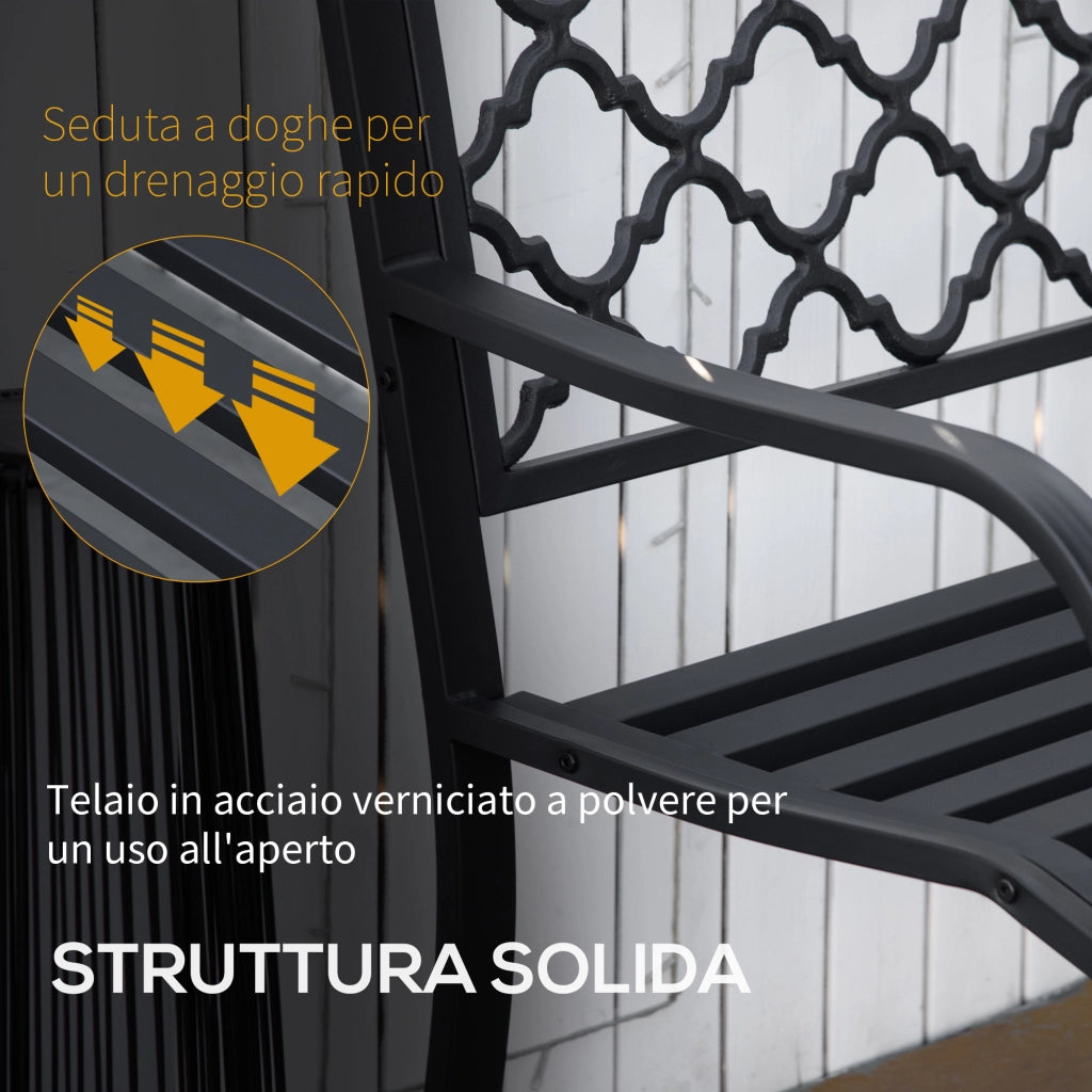 Panchina da Giardino 2 Posti ¨C Xylo ¨C Acciaio e Ghisa Nero con Braccioli 128x58.5x89cm