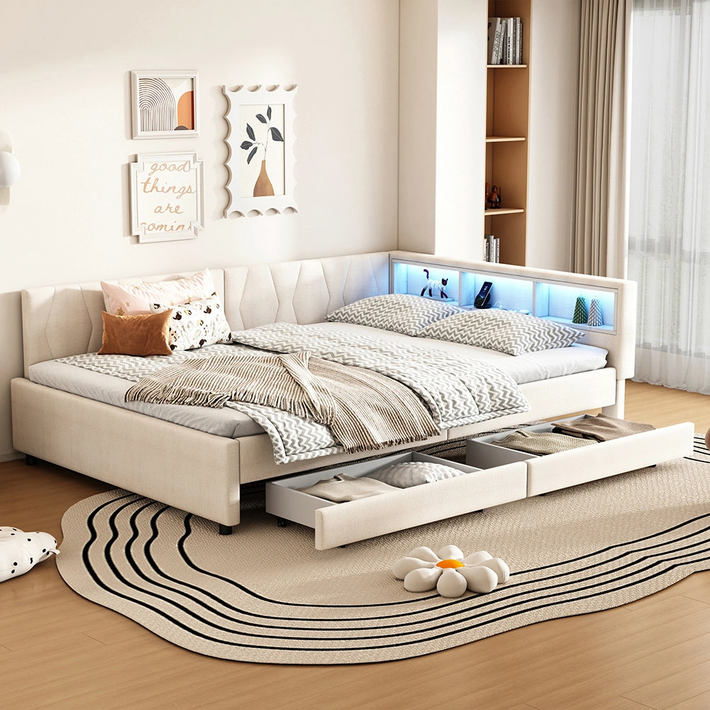 Daybed-Xylo-140x200 cm-LED, USB-C, 2 cassetti, lino beige