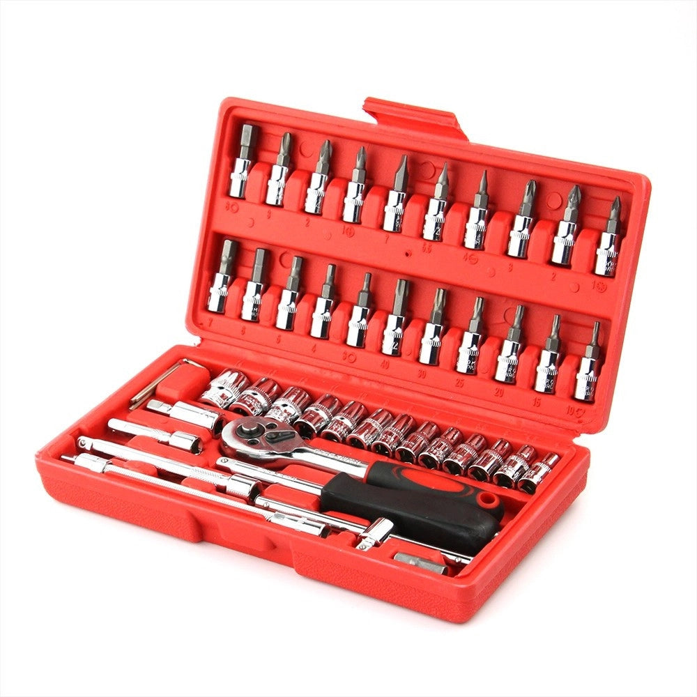 Trade Shop - Set Kit 46 Pezzi Chiavi A Bussola Con Cricchetto 1/4" Cacciavite Esagonale Tubo -