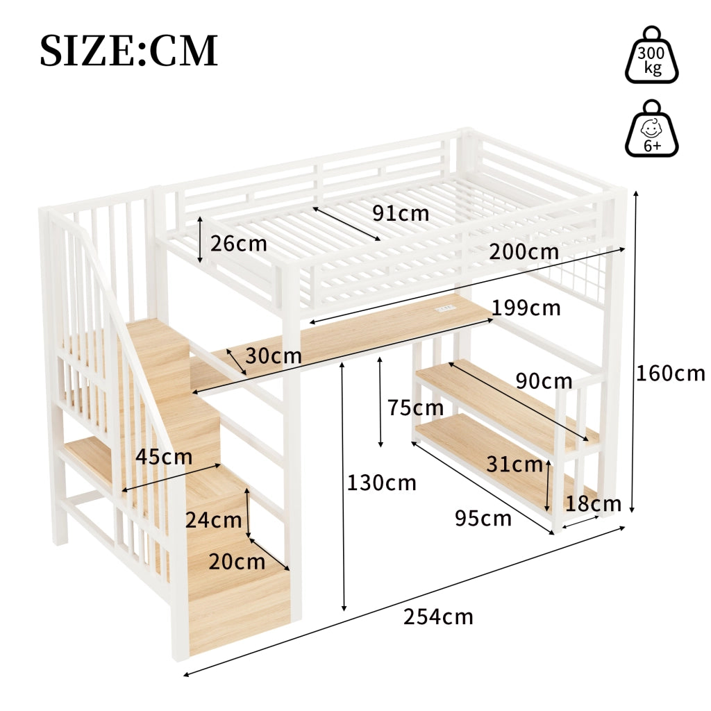 Letto a soppalco con scrivania e LED - Zephmum- 90x200 cm, Bianco, con USB e ripostiglio