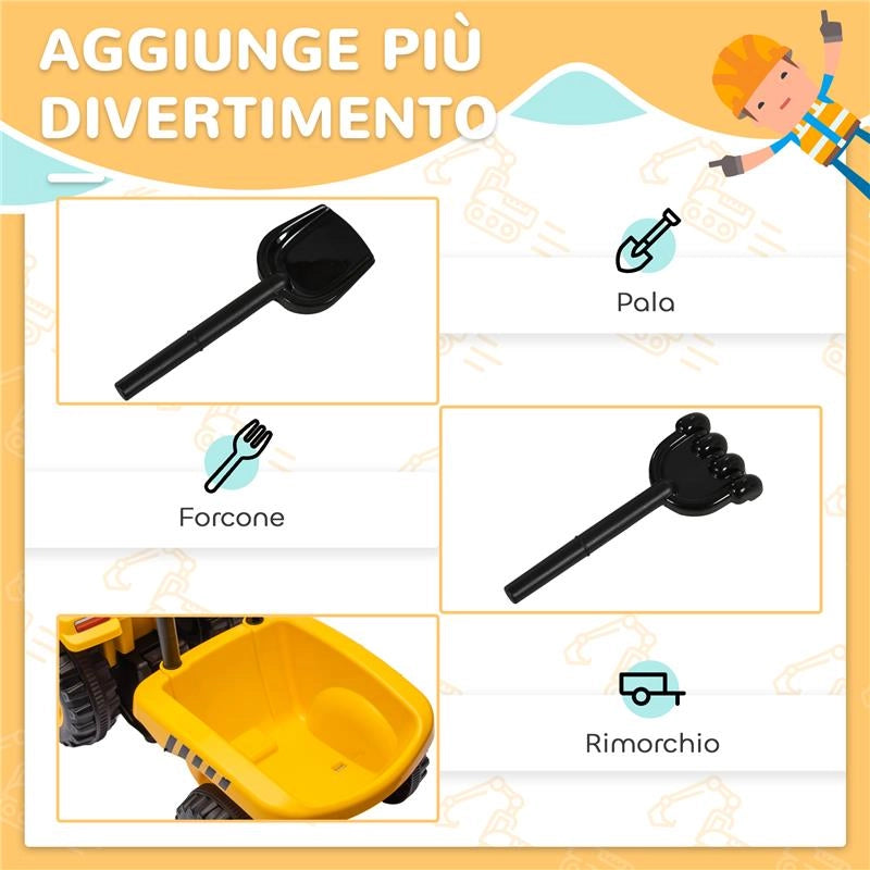 CAMION GIOCATTOLO PER BAMBINI 12-36 MESI CON PALA E RIMORCHIO, IN PP E METALLO, 91X29X44 CM, GIALLO