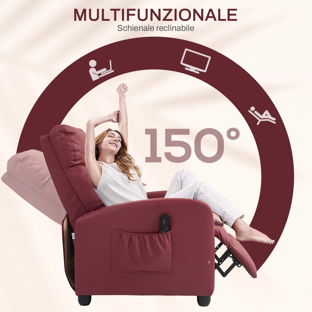 Poltrona Relax Massaggiante 68x88x98 cm con Telecomando e 8 Programmi Reclinazione e Poggiapiedi Rosso