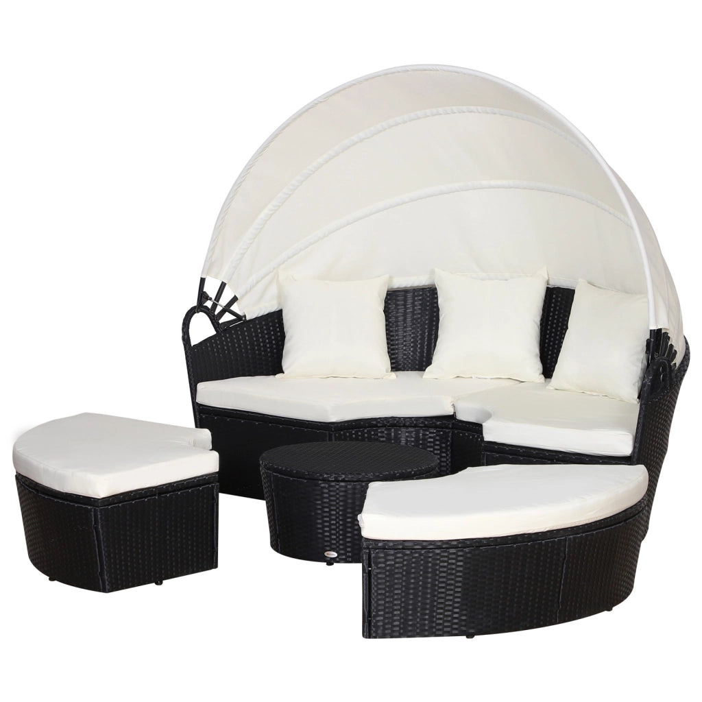 Easycomfort Set 4 Pzi Divano Circolare da Giardino, Mobili Componibili Rattan Nero, Tettuccio e Cuscini Beige 180x175x147cm