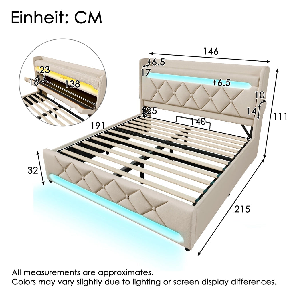 LETTO Contenitore 140x190 cm Beige in Lino con testiera USB e Type-C