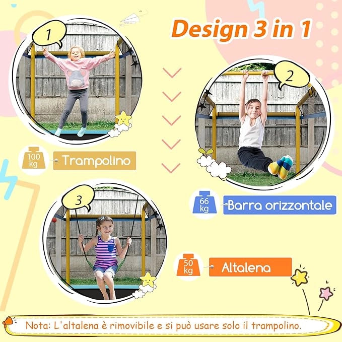 Trampolino Rettangolare per Bambini 3-in-1 190 x 124 cm, Tappetto Elastico per Bambini da Esterno ed Interno con Rete, Altalena, Barra, Copertura e Design senza Fessure