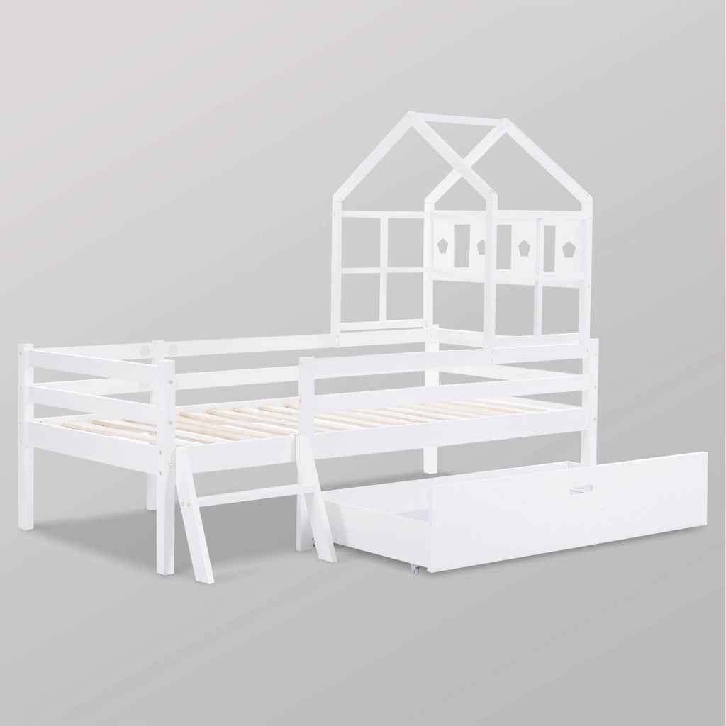 Letto a castello per bambini - Zephmum- Con scala e cassetti, 90x200cm, Bianco