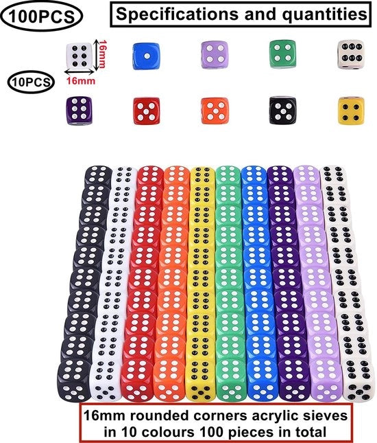 Set a dadi da gioco 100 pezzi 6 facce 16 mm Colorati Acrilico Ecologico e Sostenibile