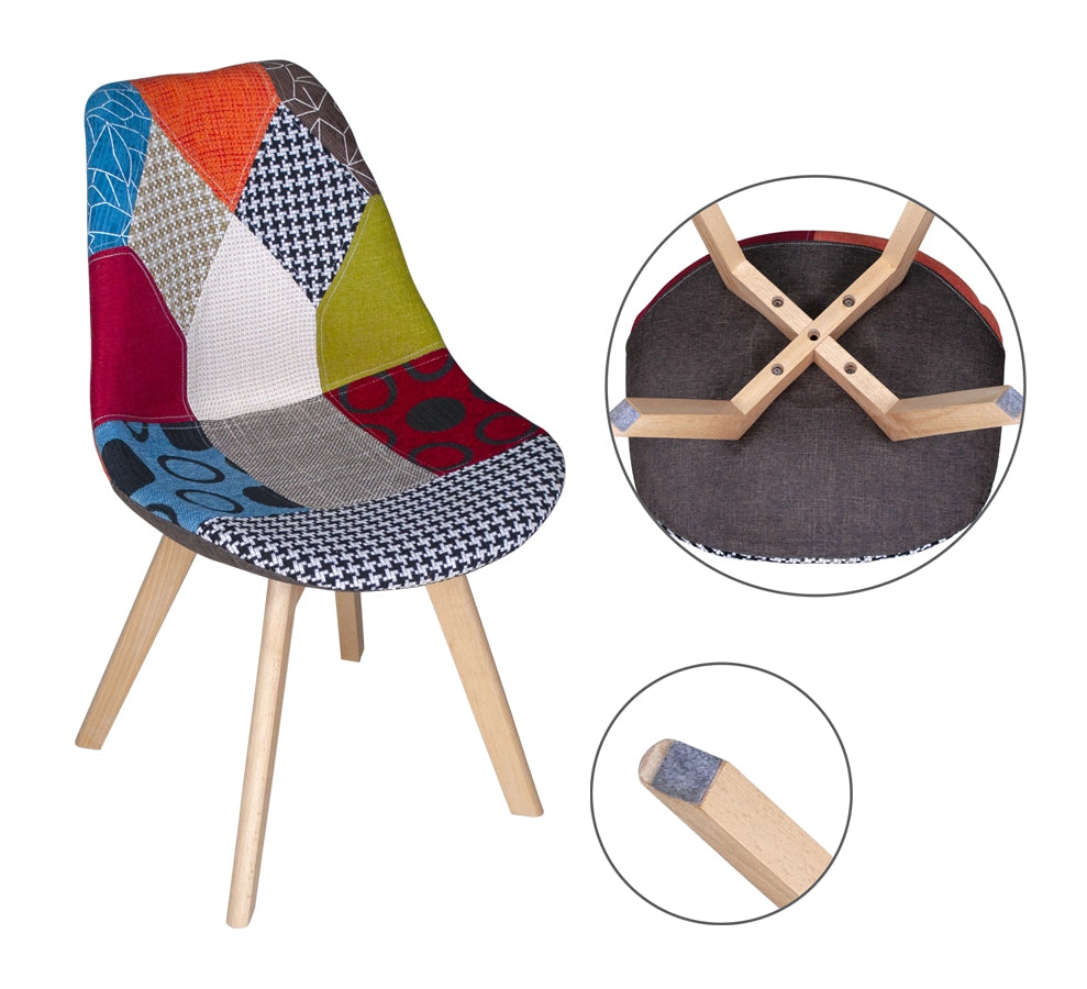 Sedia imbottita in tessuto patchwork, sedia da pranzo piede in legno - Mia - SD100MIPTW