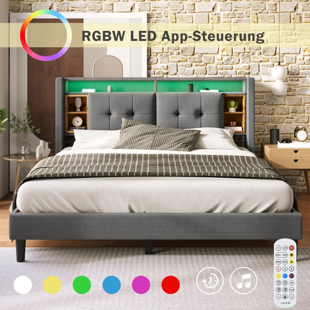 LETTO Matrimoniale 140x200 cm Grigio con testiera contenitore, LED e USB
