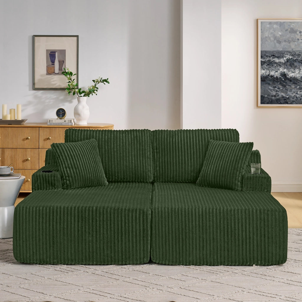 Divano Letto 2 Posti Relax ¨C MINIMAL ¨C Verde, Tessuto a Coste, con Cuscini e Portabicchieri