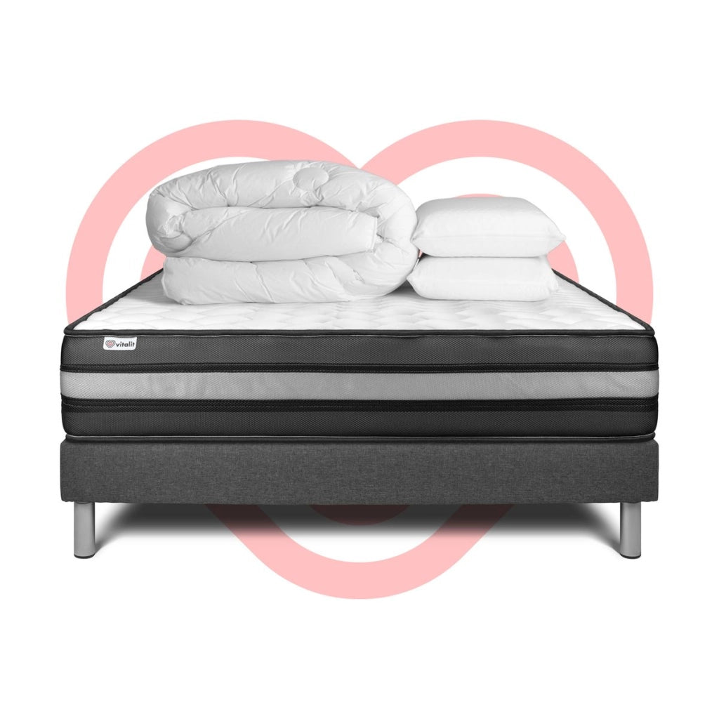 Pacchetto letto completo - Materasso 140x190cm + Box spring con doghe (kit) + 2 cuscini + Piumino - Vital Power Zen