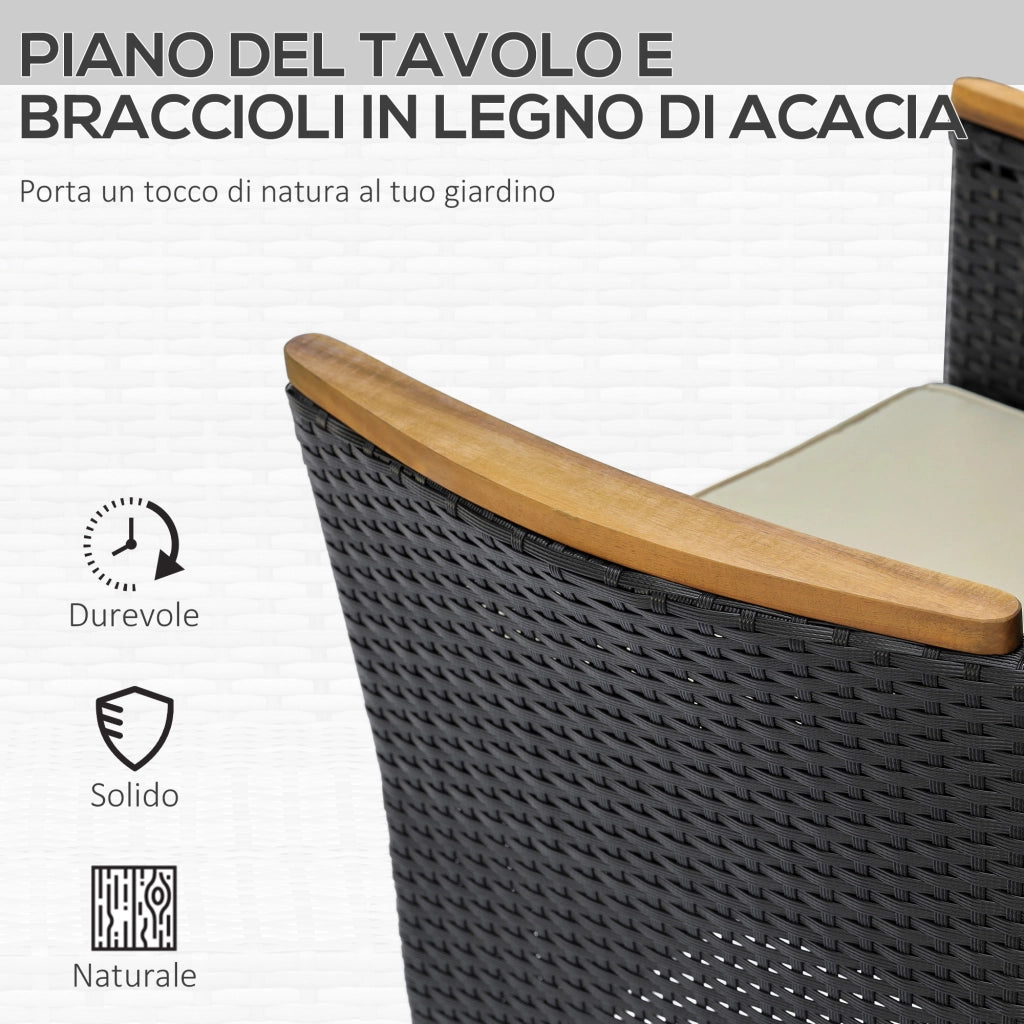 Set Tavolo e Sedie da Giardino 7 Pezzi in Polyrattan e Legno con Cuscini ¨C Minimal ¨C Nero