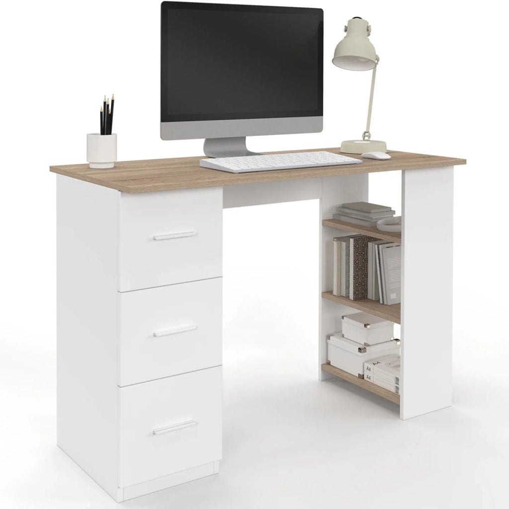 IDMarket - MAE Scrivania dritta a 3 cassetti con ripiani in legno e bianco