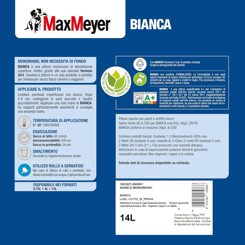 Pittura per Interni Lavabile Monomano 2-in-1 BIANCA, Colore Bianco, 14L