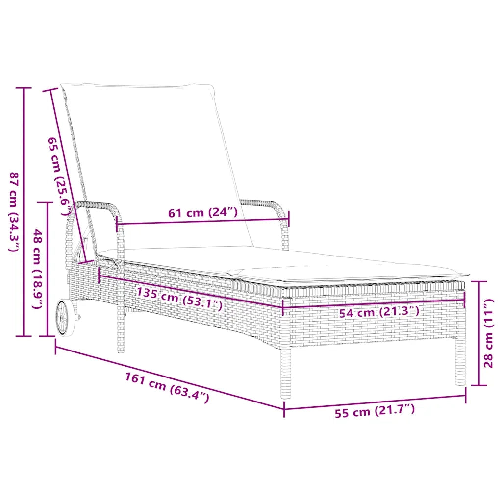 Lettino prendisole con ruote e Cuscino in Polyrattan Grigio 368315