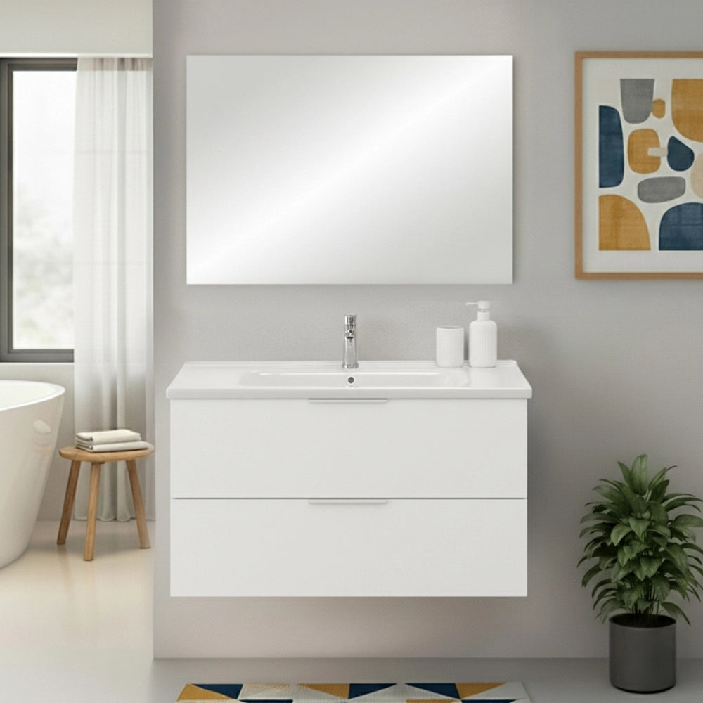 Mobile bagno sospeso 100cm bianco opaco con cassetti soft-close lavabo e specchio Elva