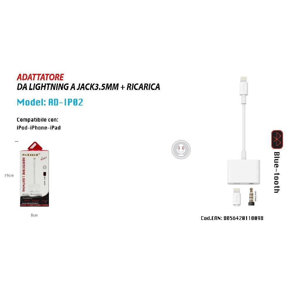Trade Shop - Adattatore Lightning Jack 3.5mm Ricarica Bluetooth Ipod Ipad Maxtech Ad-ip02 -