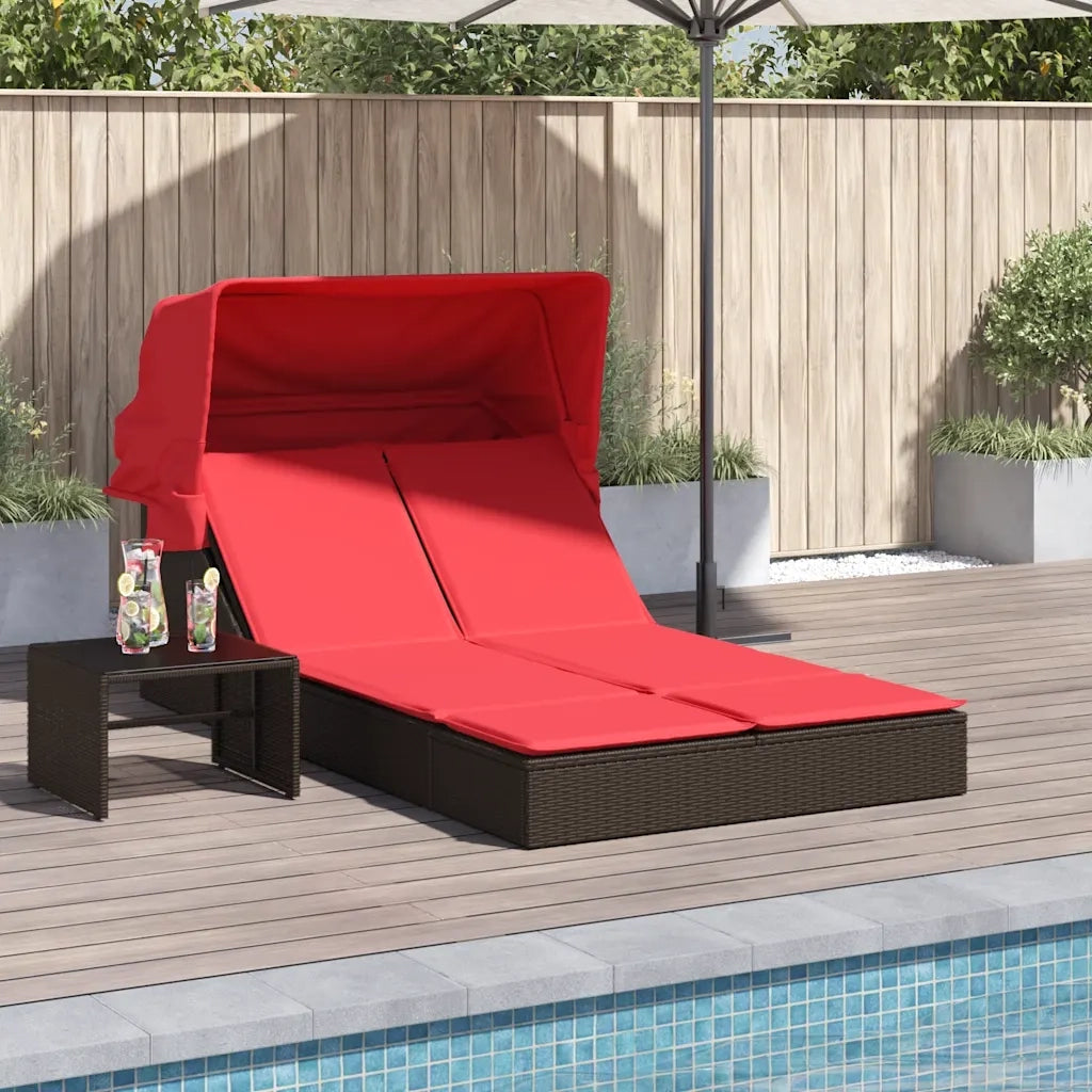 Lettino prendisole doppio con tettuccio e cuscini in Polyrattan Marrone 368643