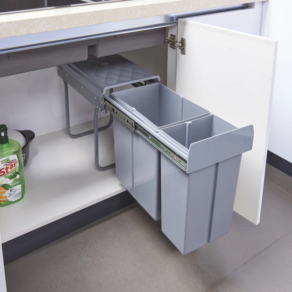 Pattumiera Estraibile Froland con 2 Bidoni Sotto Lavello 1x 20 L + 1x 10 L Grigio [en.casa]