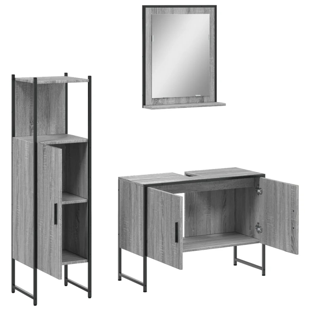 Set Mobili da Bagno | Armadio da bagno 3 pz Grigio Sonoma in Legno Multistrato