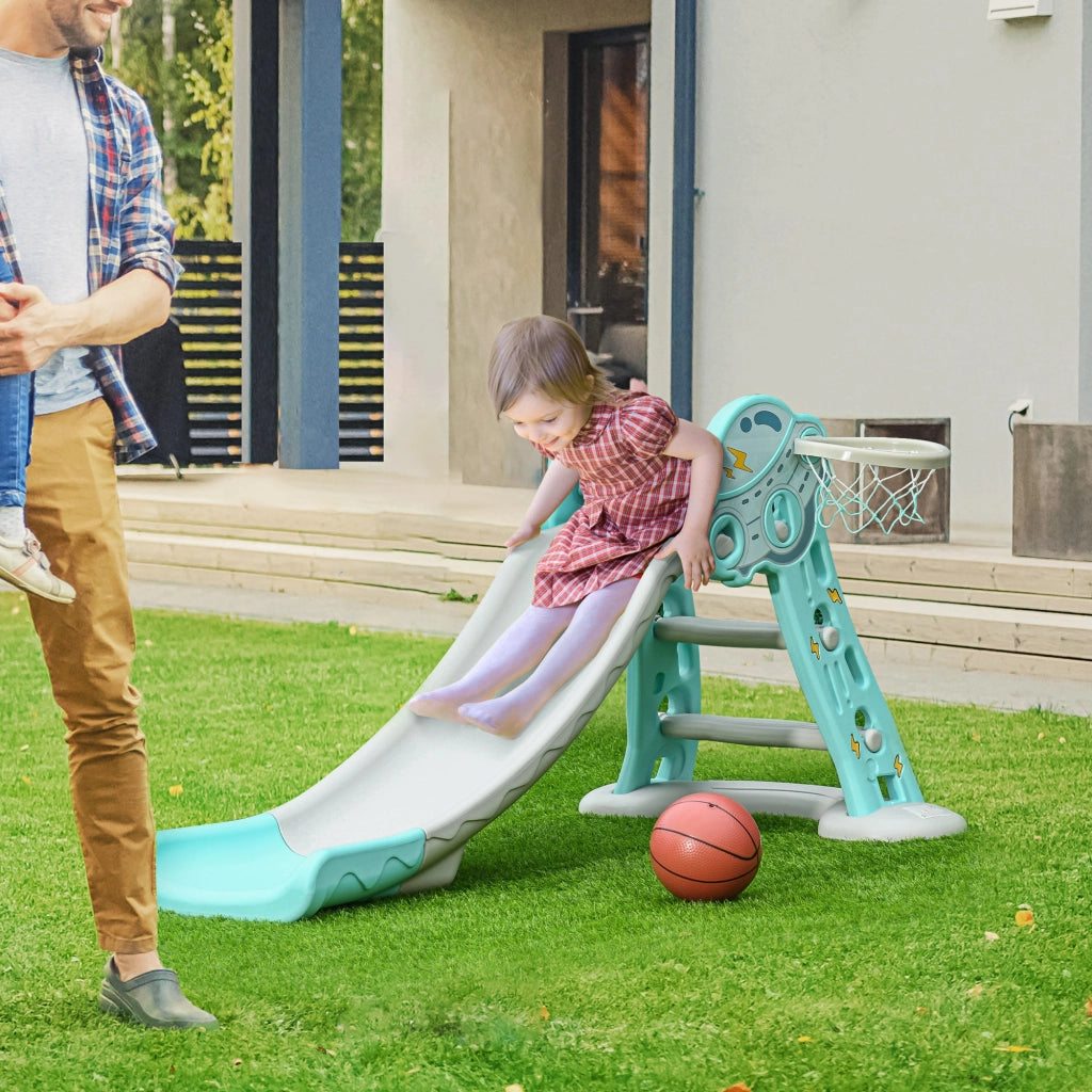 Scivolo per Bambini Pieghevole con Canestro Basket 140x87x75 cm Blu e Grigio