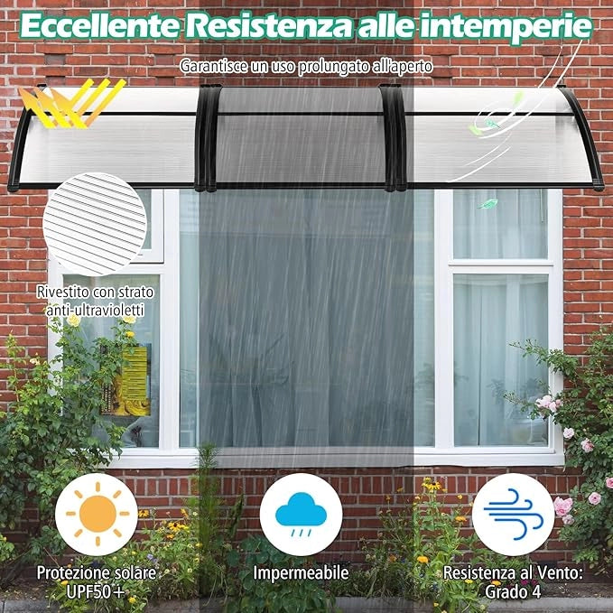 Tettoia per Porta Finestra, Pensilina Tettoia per Porta in Policarbonato, per Protezione da Sole, Pioggia, Neve, per Balcone, Finestre e Porte