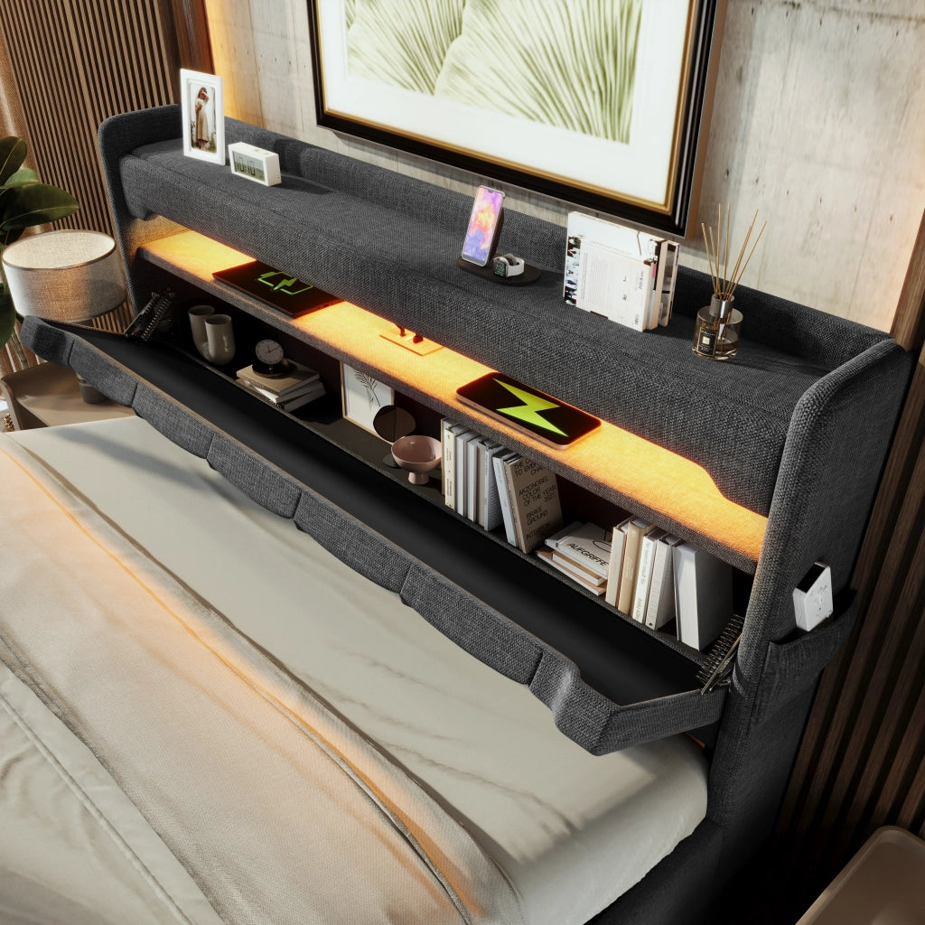 LETTO Matrimoniale 140x200 cm con LED, USB e Type-C, Grigio, Lino