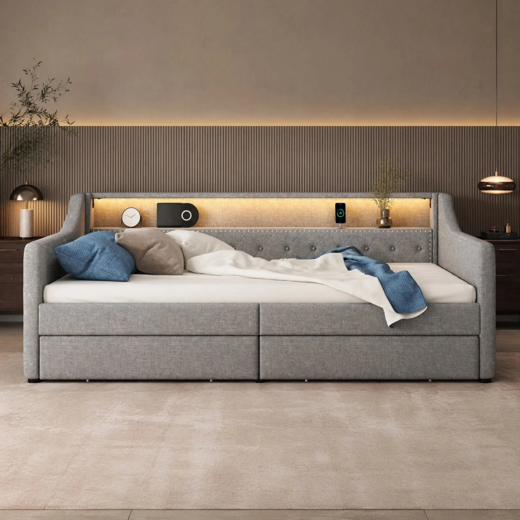 Daybed 90x200 cm con LED, USB e 2 cassetti