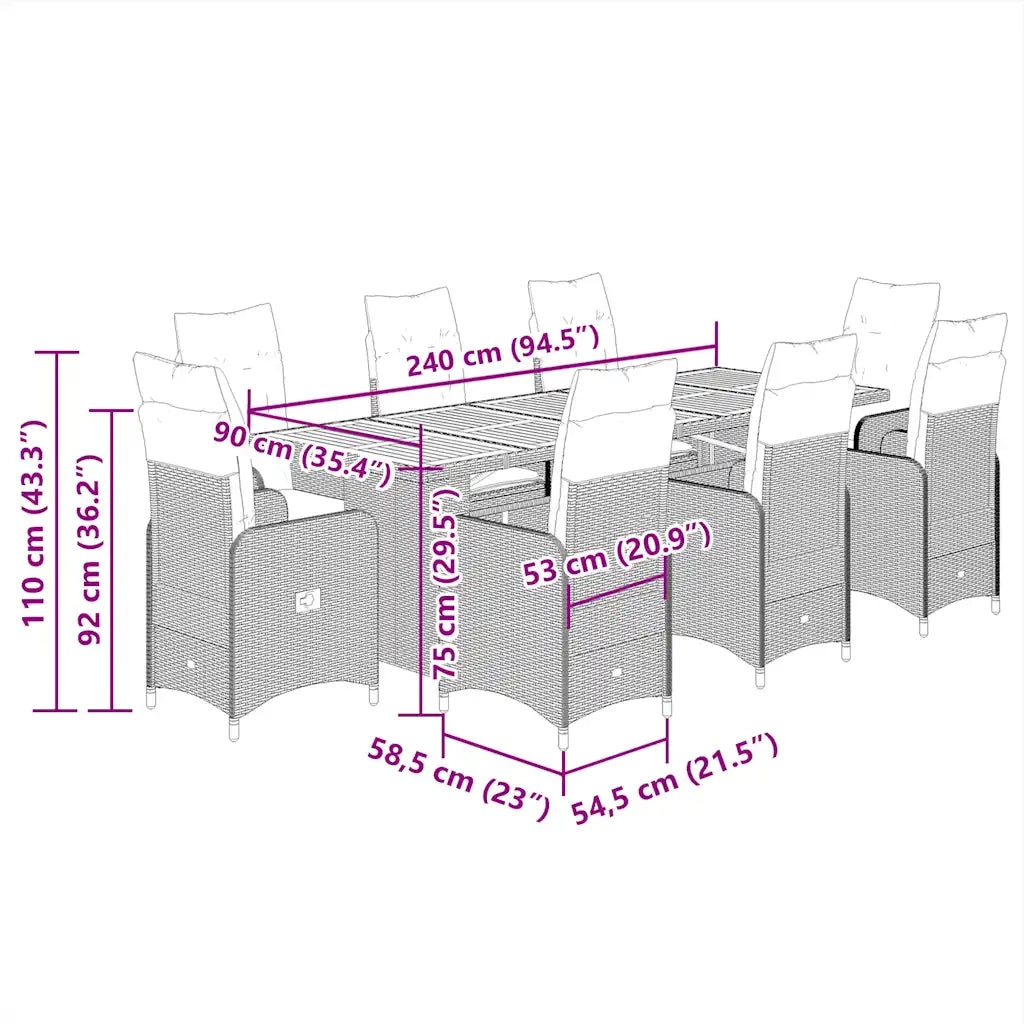 Set Bistrò da Giardino 9 pz con Cuscini in Polyrattan Grigio