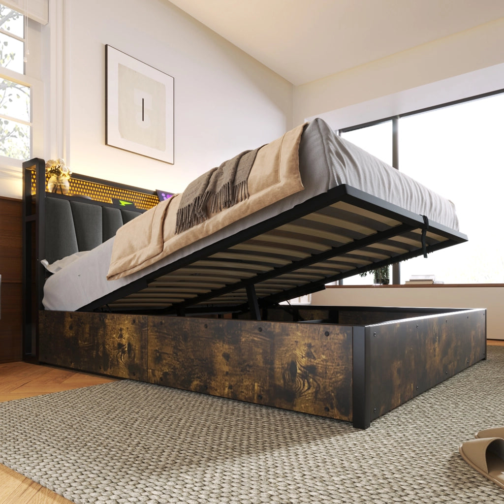 LETTO Matrimoniale 160x200 cm in lino grigio con materasso incluso e LED RGBW